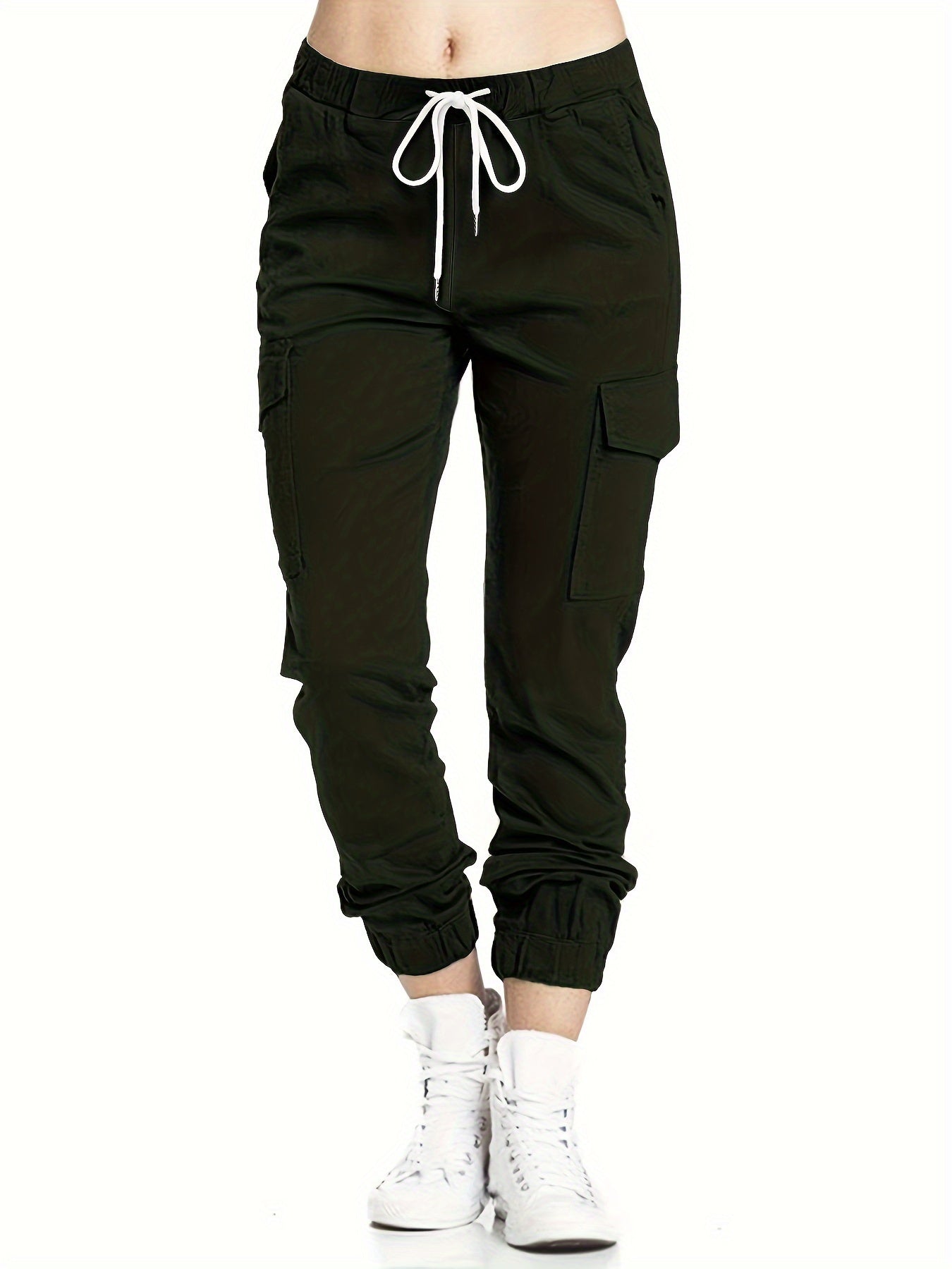 Y2K Chic Drawstring Cargo Pants - Stretchy Elastic Waist, Long Length, Multiple Pockets, Casual Comfortable Women's Clothing for Everyday Wear
