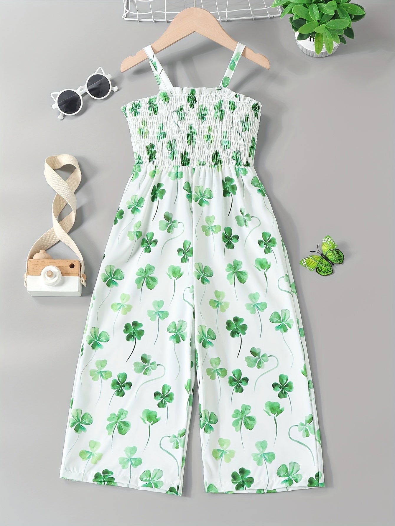 [Boho Flower Jumpsuit] Boho Flower Print Girls Shirred Cami Jumpsuit | For Going Out Party Holiday Kids Summer Clothes