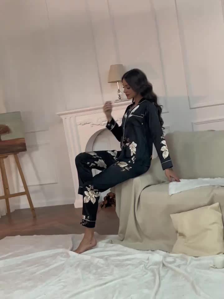 Floral Print Satin Pajama Set, Short Sleeve Button Up Top & Elastic Waistband Pants, Women's Sleepwear & Loungewear