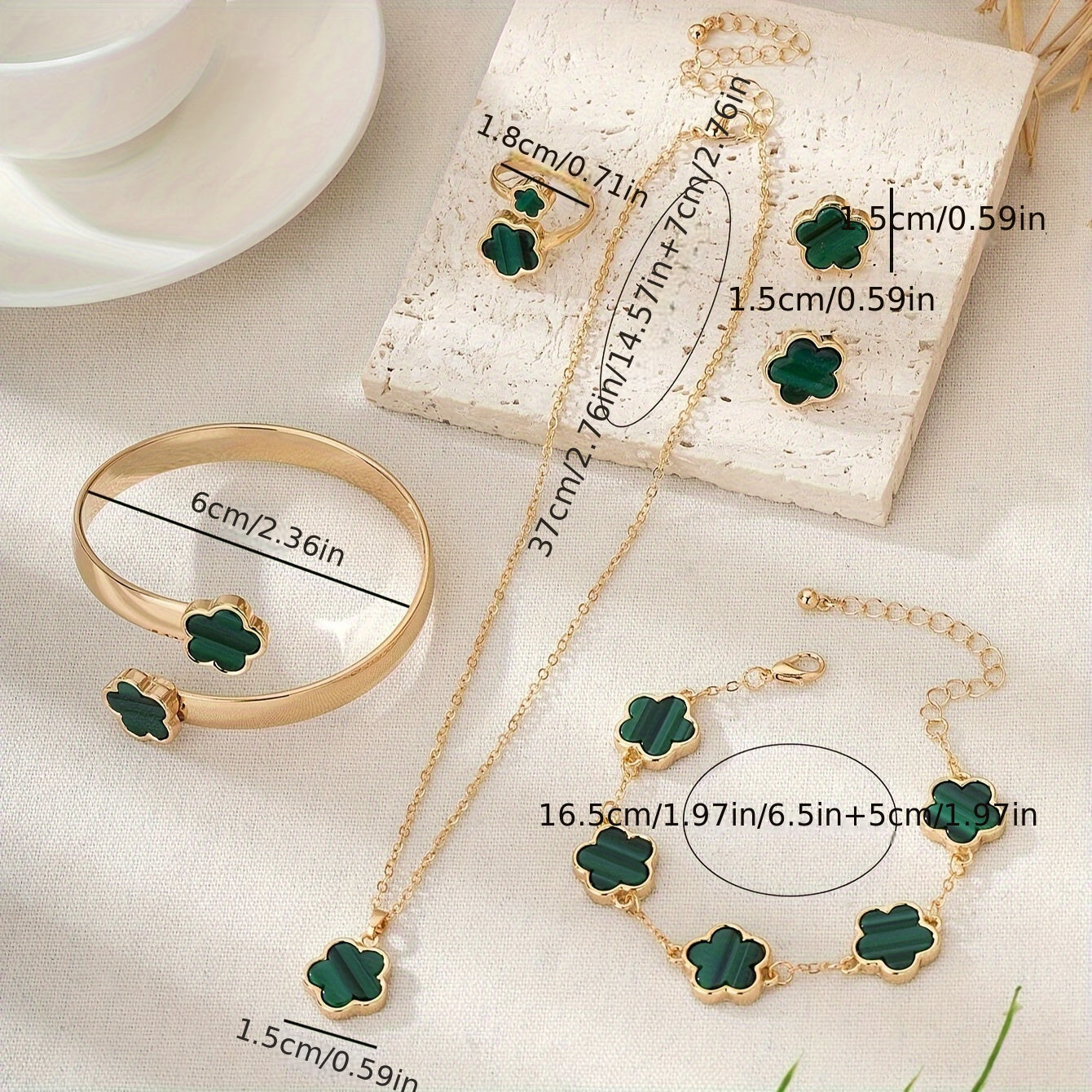 Exquisite Flower Design Stud Earrings & Necklace & Ring & Bangle & Bracelet Elegant Simple Style Delicate Jewelry Set