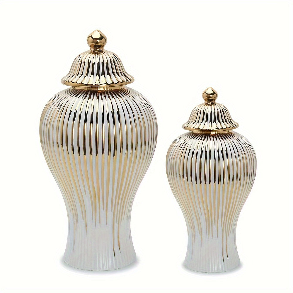 Elegant Ceramic Vase with Gold-Plated Trim - Striped Design for Home Decor, Perfect for Living Room & Entryway
