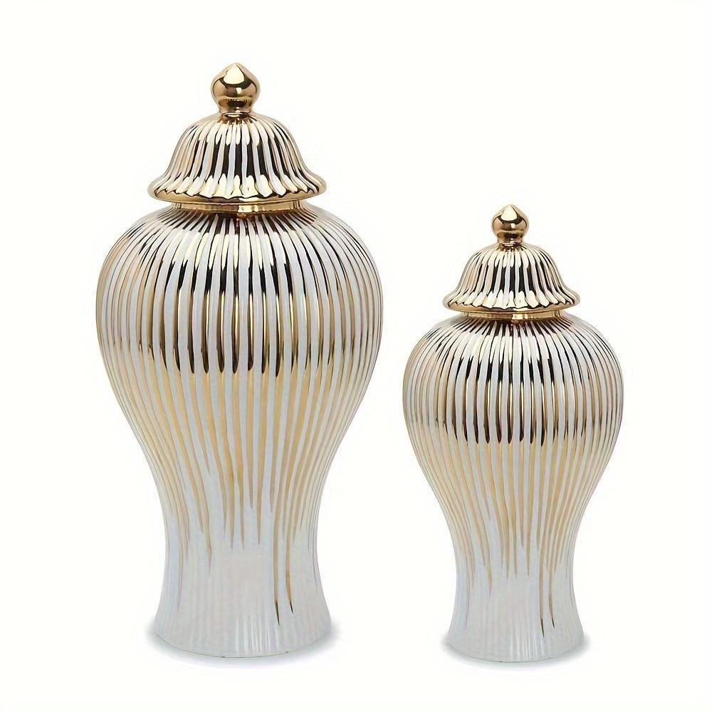 Elegant Ceramic Vase with Gold-Plated Trim - Striped Design for Home Decor, Perfect for Living Room & Entryway