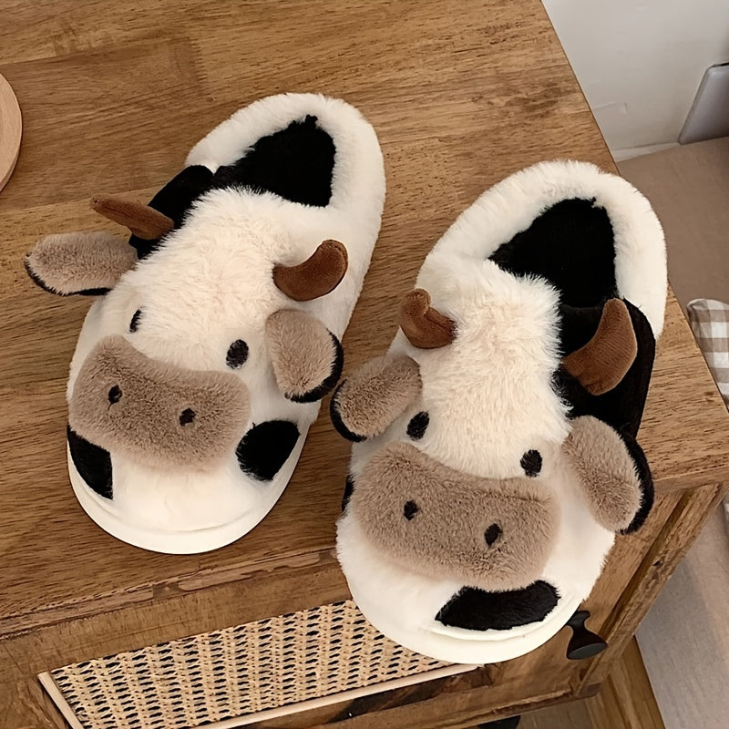 Cute Milk Cow Slippers | Women and Men Fuzzy Slippers, 2022 Winter Plush Platform Slides, Indoor Kawaii Shoes, Cartoon Style, Fabric Upper and Insole, TPU Sole