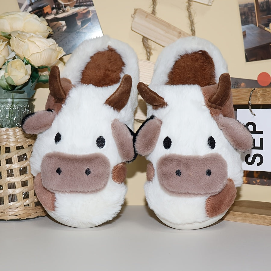 Cute Milk Cow Slippers | Women and Men Fuzzy Slippers, 2022 Winter Plush Platform Slides, Indoor Kawaii Shoes, Cartoon Style, Fabric Upper and Insole, TPU Sole