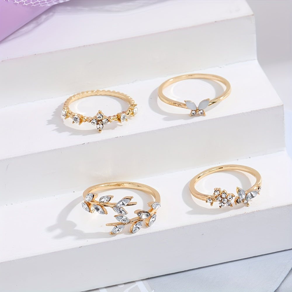 4pcs Stylish Stacking Rings Sparkling Leaf/ Butterfly/ Flower Design Inlaid Gemstone Match Daily Outfits Party Accessories