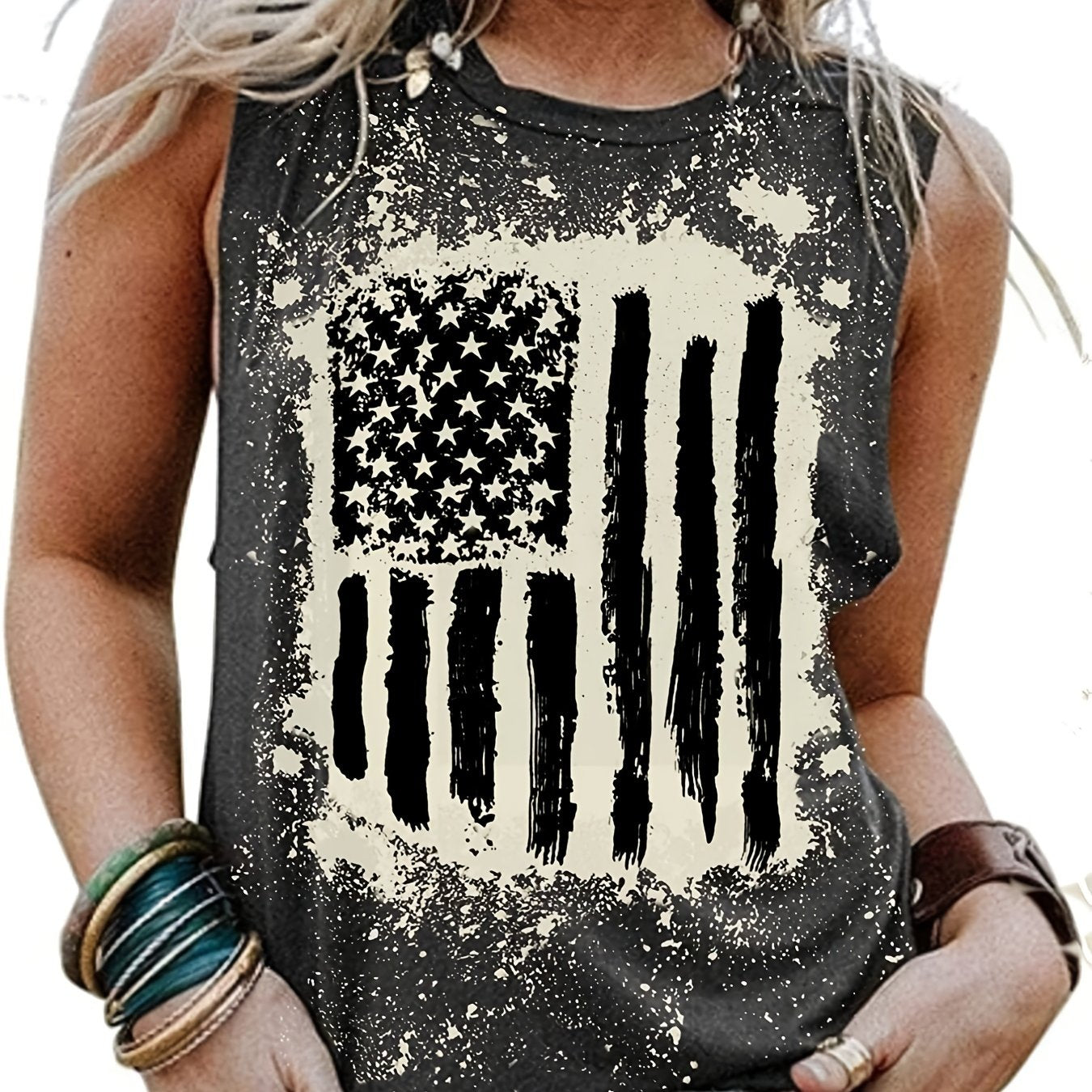 Flag Print Sleeveless Tank Top, Vintage Summer Crew Neck Tank Top, Women's Clothing