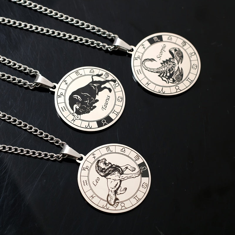 Stainless Steel Star Zodiac Necklace 12 Constellation Coin Pendant Necklace For Men Jewelry Gift For Birthday Anniversary