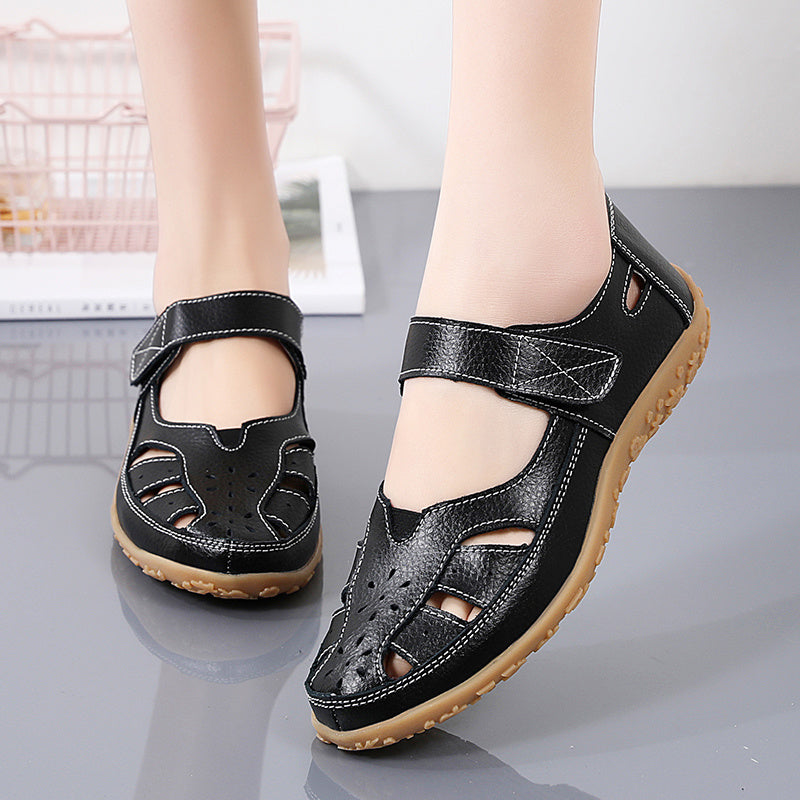 Soft Sole Women's Cut-out Flat Sandals, Non Slip Closed Toe Casual Walking Shoes with Hook & Loop