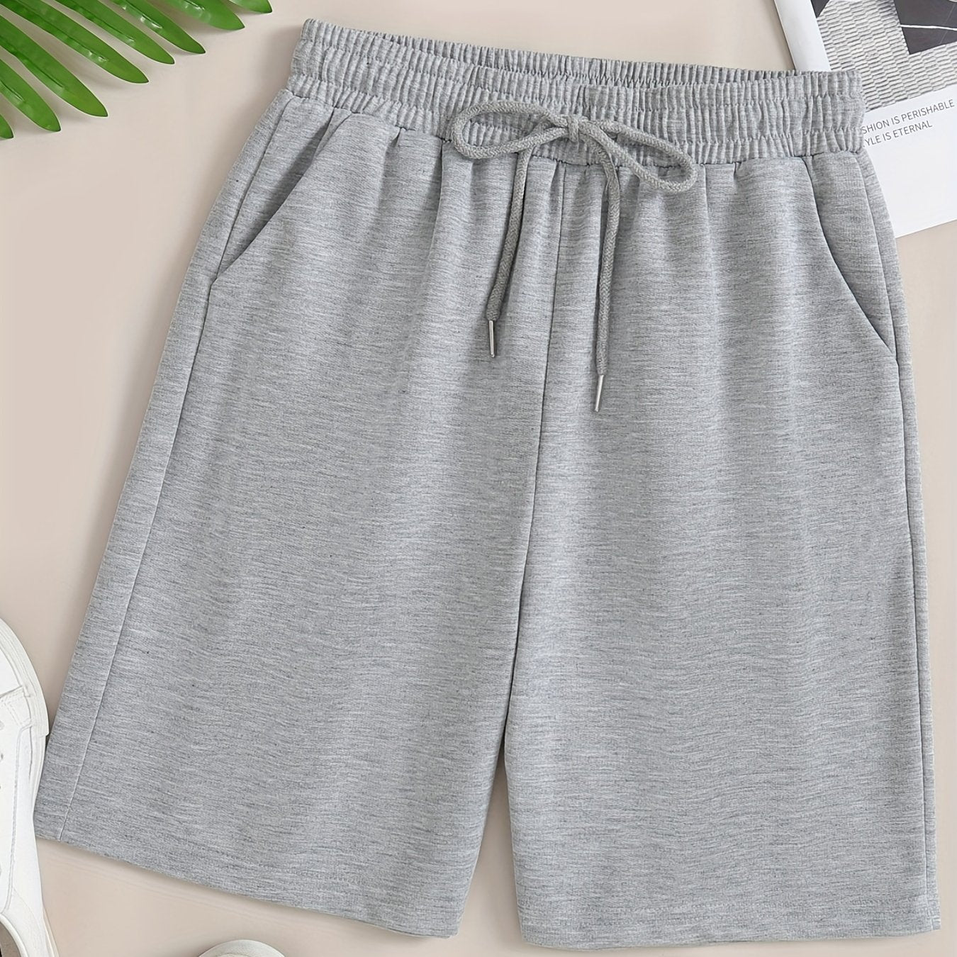 Solid Sports Shorts With Pockets, Tie Waist Casual Every Day Shorts, Women's Clothing
