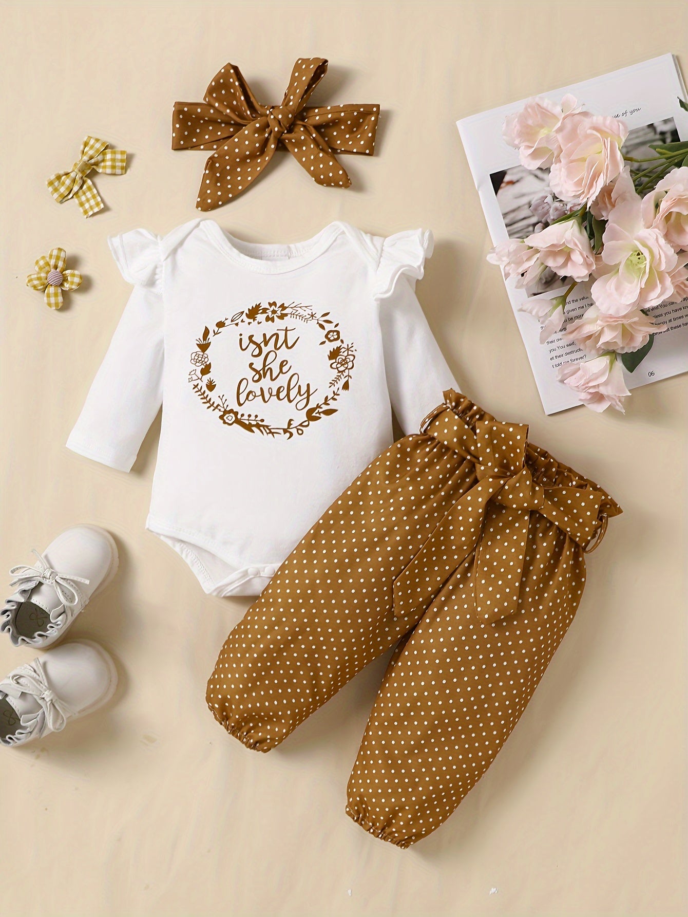 2pcs Baby Girl's Stylish Set, "Isn't She Lovely" Print Long Sleeve Onesie + Polka Dot Pants, Comfy Trendy Outfit Outdoor Clothing