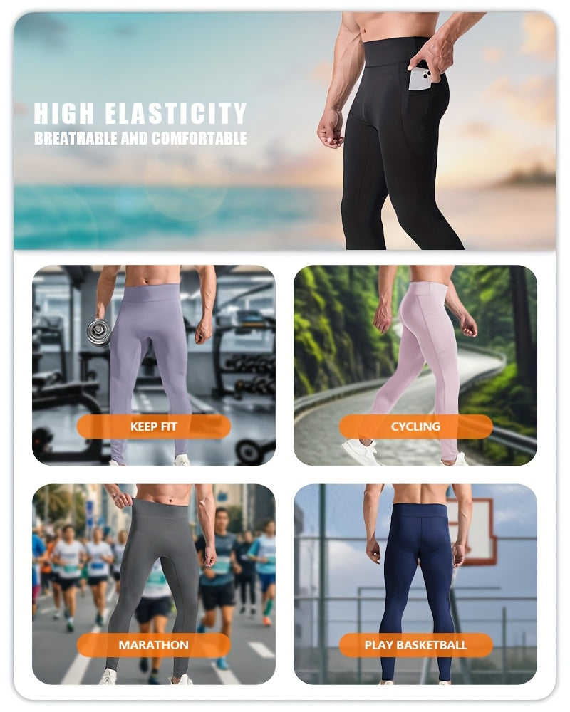 Men'S High Waist Compression Sports Leggings, Quick Dry, High Elastic, Polyester 90% Spandex 10%, Solid Color, Pocket Detail, Knit Fabric, Skinny Fit, Four Seasons, for Running, Yoga, Training, Basketball, Outdoor Activities