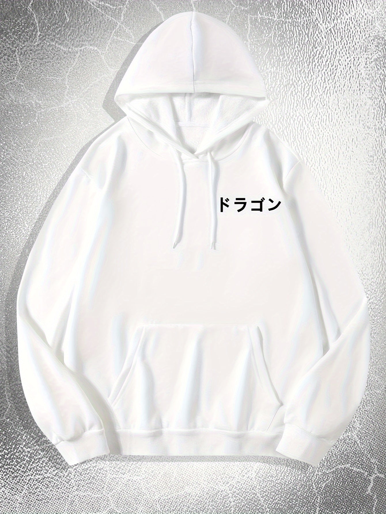 [Dragon Print Hoodie] White Polyester Dragon Print Hoodie - Casual & Trendy, Long Sleeves, Drawstring Hood - Streetwear Style