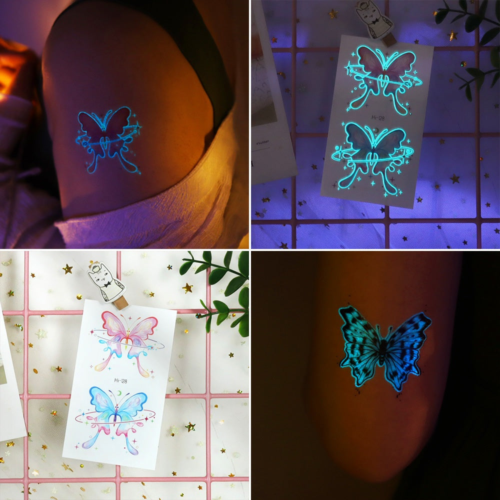 10 Sheets Blue Luminous Butterfly Tattoos, Glow In The Dark Vibrant Blue Butterfly Fairy Flower Rose Pattern Fake Tattoo, Decoration At Nightclub & Music Events, Waterproof & Realistic Lasting 2-5 Days, Butterfly Shoulder Cla