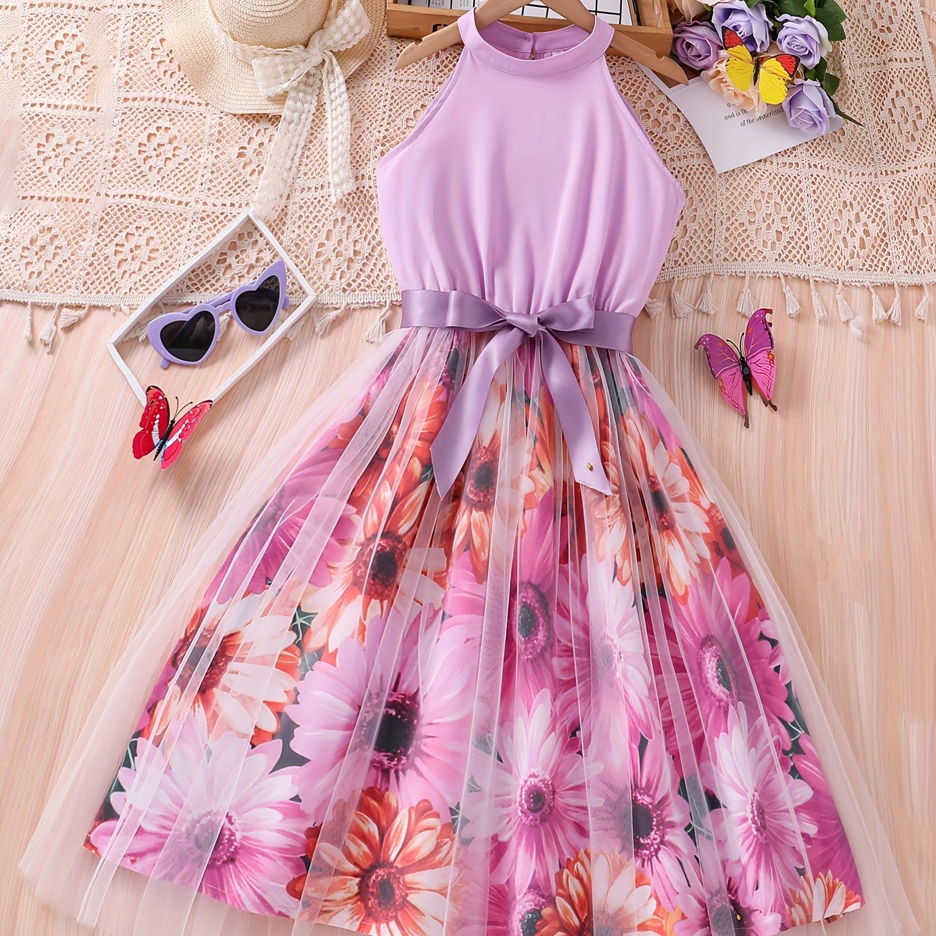 [Elegant Dress] Elegant Summer Party | Girls Splicing Flower Graphic Halter Neck Mesh Dress Tutu Dress | Gift