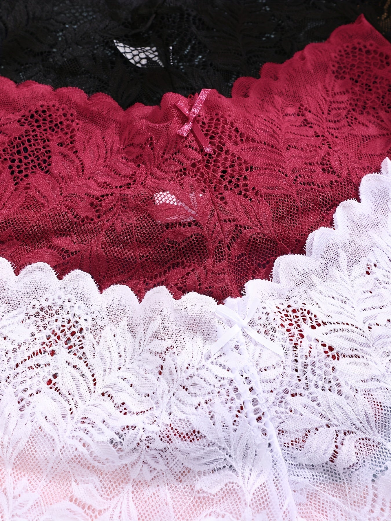 3pcs FINETOO Women's Sexy Low-Rise Lace Boyshort Panties - Breathable, Stretchy Nylon Blend with Floral Pattern, Scalloped Trim in Black, White, & Pinkish-Beige
