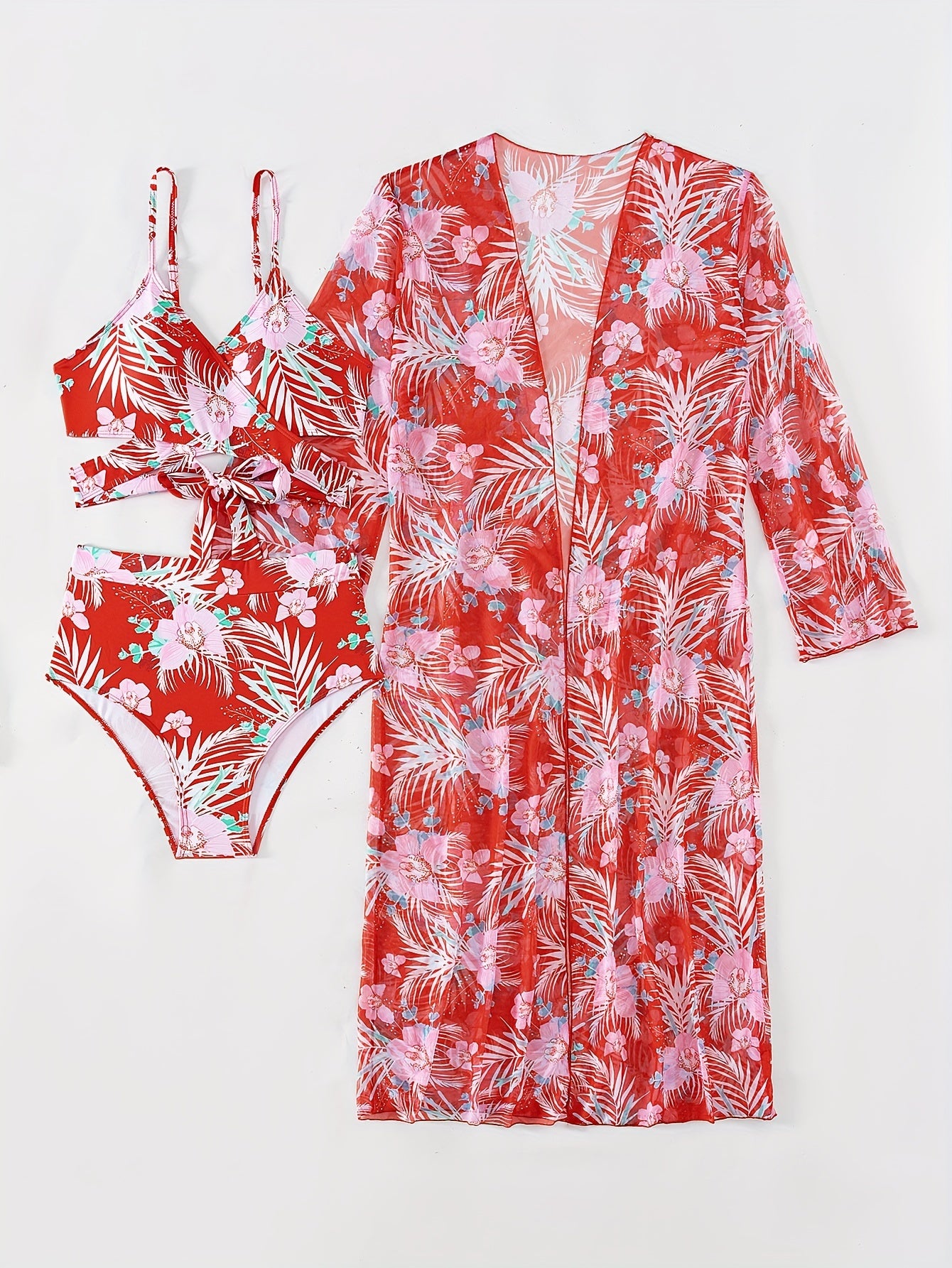 3 Piece Set Stretchy Floral Print Long Sleeve V Neck Tie Back Swimsuits - High Stretch Polyester Bikini Set with Kimono Cover Up - Perfect for Swimming and Beach Activities