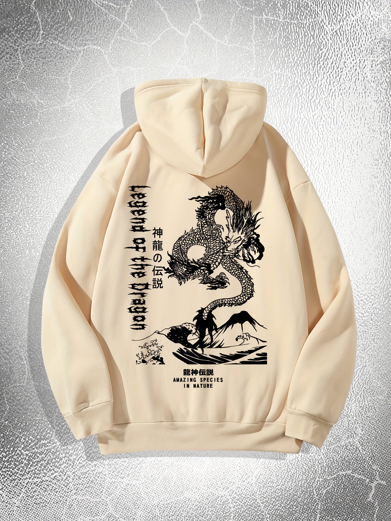 [Dragon Print Hoodie] White Polyester Dragon Print Hoodie - Casual & Trendy, Long Sleeves, Drawstring Hood - Streetwear Style