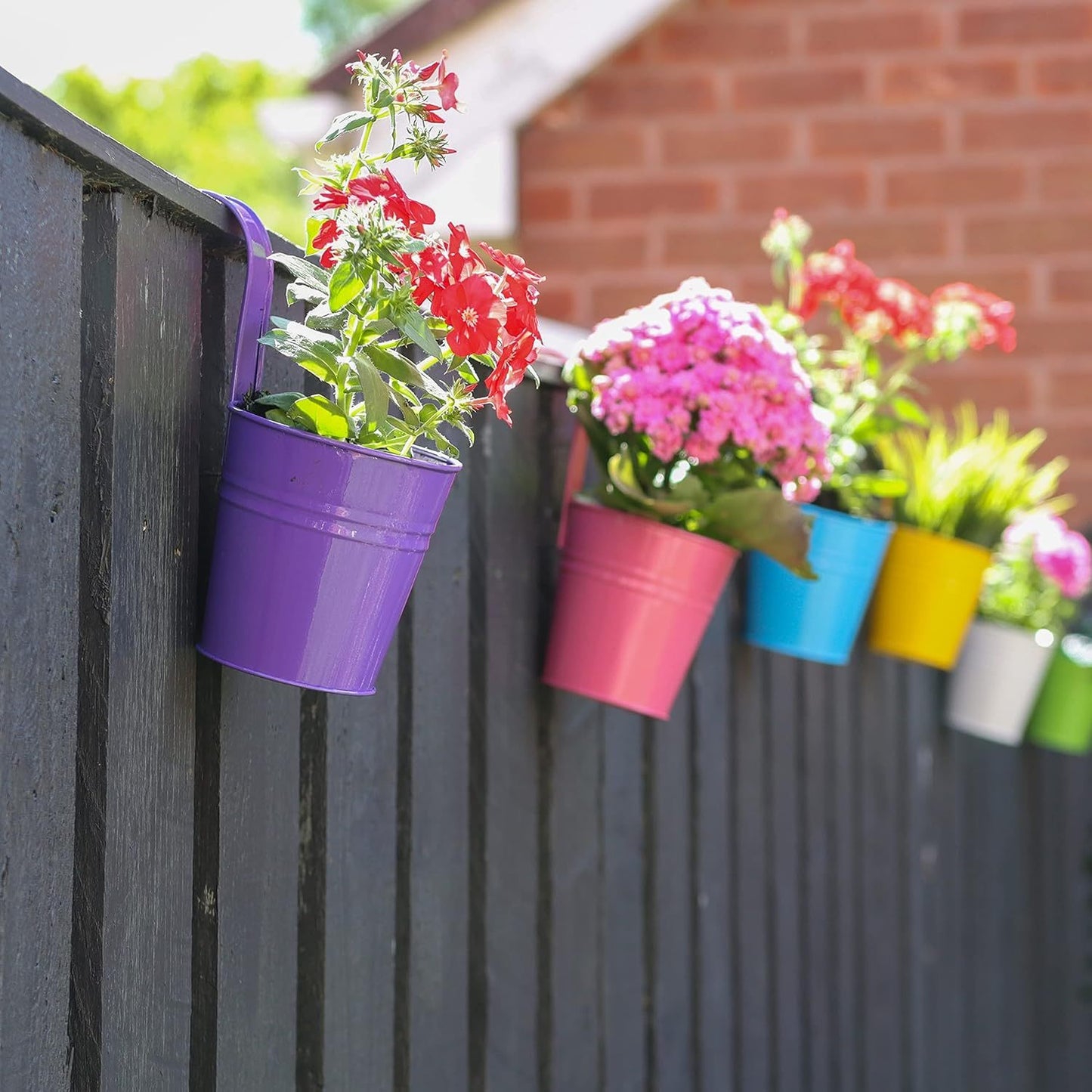 Hanging Plant Pots Large Metal Flower Pot Vase Bucket Fence Hanging Garden Planter With Drainage Hole For Balcony Home Decor (10pcs with Assorted 10 Colours)