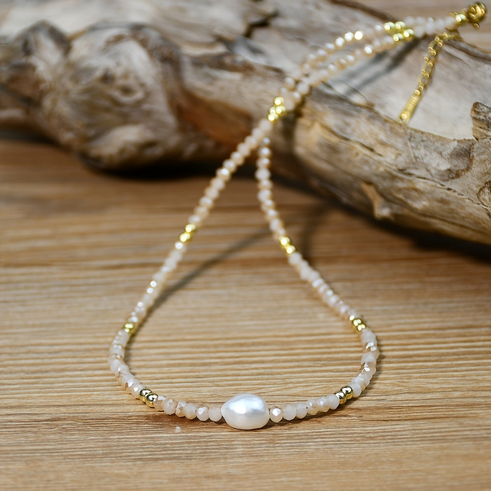 Natural Freshwater Pearl Beaded Necklace Boho Style Adjustable Neck Chain Everyday Jewelry Gift