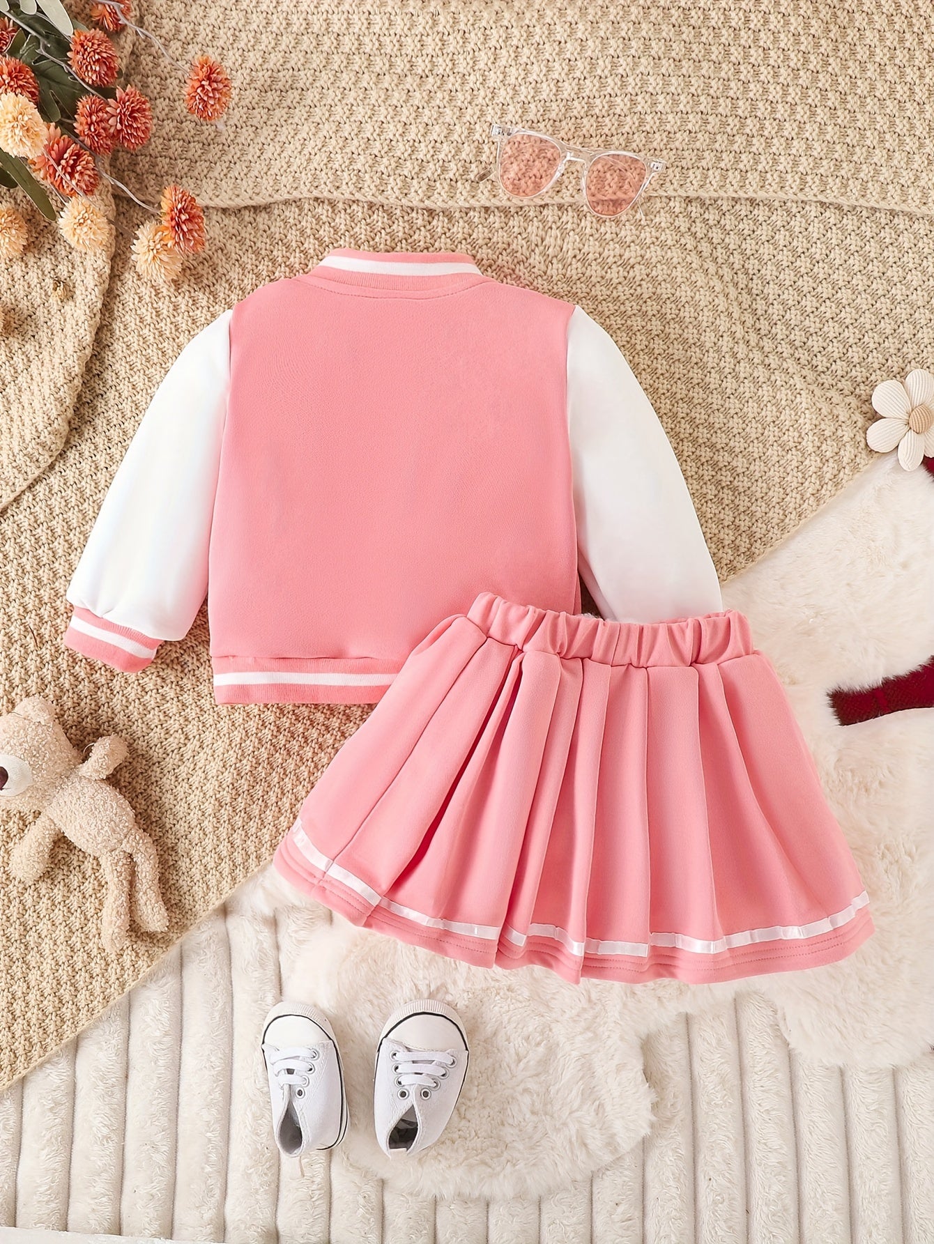 Preppy Style Girls 2pcs BABY GIRL Print Baseball Jacket + Pleated Skirt Outdoor Set For Party Sports Gift