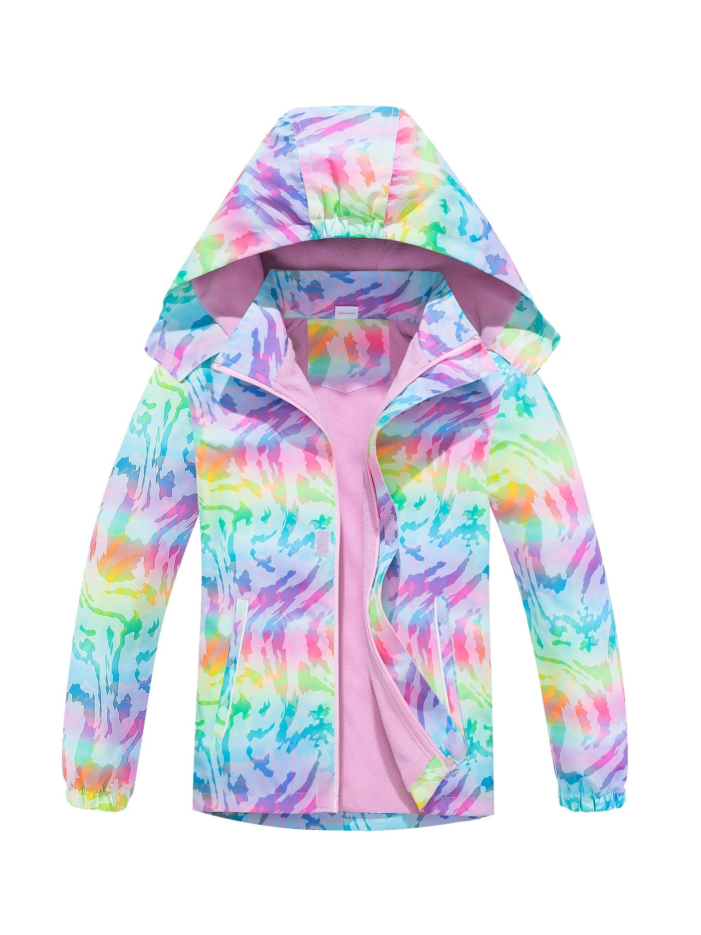 Vibrant Rainbow Camo Rain Jacket for Kids - Waterproof, Lightweight, Hooded, Fleece Lined, Windbreaker Coat with Removable Hood for Outdoor Play - Perfect for Rainy Days and Casual Wear