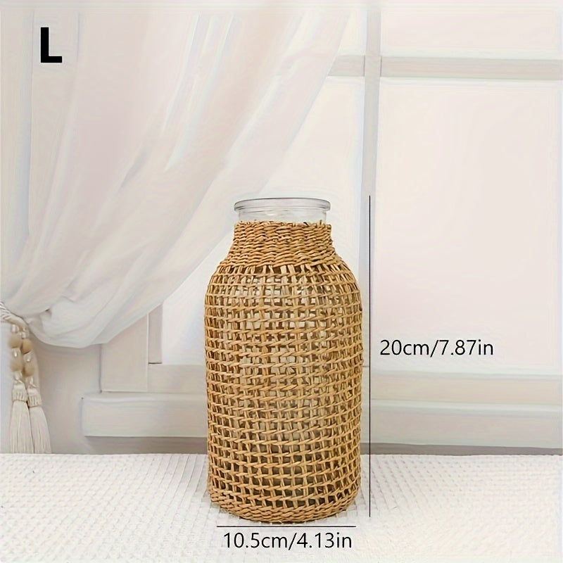 1pc Boho Glass Flower Vase With Rattan Cover, Farmhouse Flower Bud Vase, Round Decorative Flower Vase Floral Container Flower Bottle For Floral Arrangements Housewarming Party Home Decor