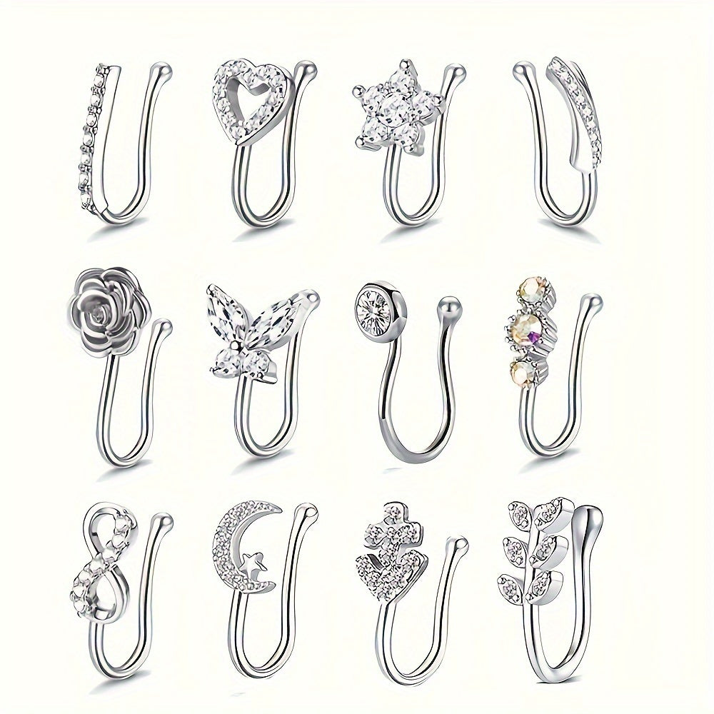12pcs Elegant Vintage Copper Faux Nose Cuff Set, Non-Piercing Synthetic Zirconia Inlay, Star, Flower, Leaf, Heart Shapes, Clip-On Nose Rings for Women, Daily & Vacation Wear, Valentine'S Day Gift, All Seasons Compatible