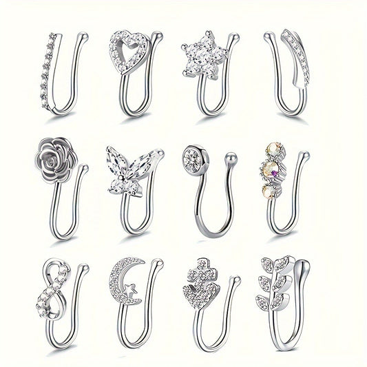 12pcs Elegant Vintage Copper Faux Nose Cuff Set, Non-Piercing Synthetic Zirconia Inlay, Star, Flower, Leaf, Heart Shapes, Clip-On Nose Rings for Women, Daily & Vacation Wear, Valentine'S Day Gift, All Seasons Compatible