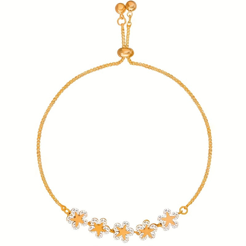 Adjustable Flower Beaded Chain Bracelet Inlaid Shiny Zircon 14K Plated Copper Hand Jewelry Decor For Women & Girls