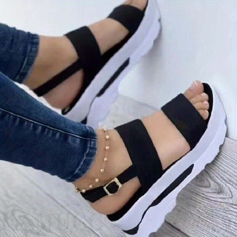 Non Slip Women's Platform Open Toe Sandals, Solid Color Ankle Buckle Strap Casual Outdoor Shoes