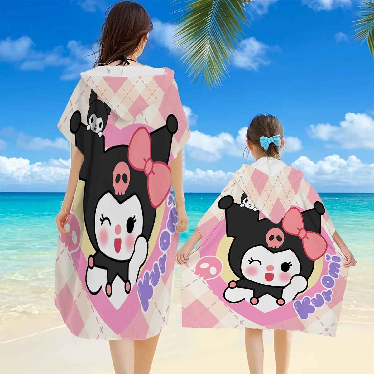 1pc Sanrio Kuromi Adult & Kids Wearable Beach Towel with Hood - Quick-Dry Microfiber Bathrobe, Cute Kuromi Character Swim Wrap, Machine Washable for Pool, Bath, Travel - Ideal for & Adults