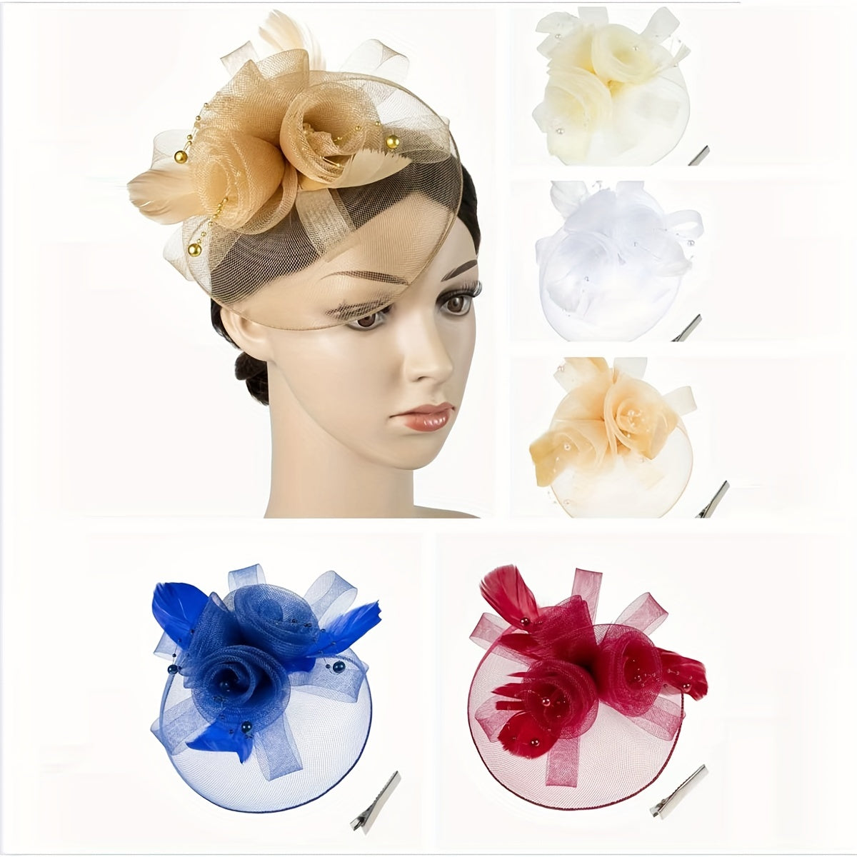 1pcs Women Mesh Flower Faux Feather Fascinator For Tea Party Birthday Horce-Racing Wedding Hat Derbyhat Church Hat