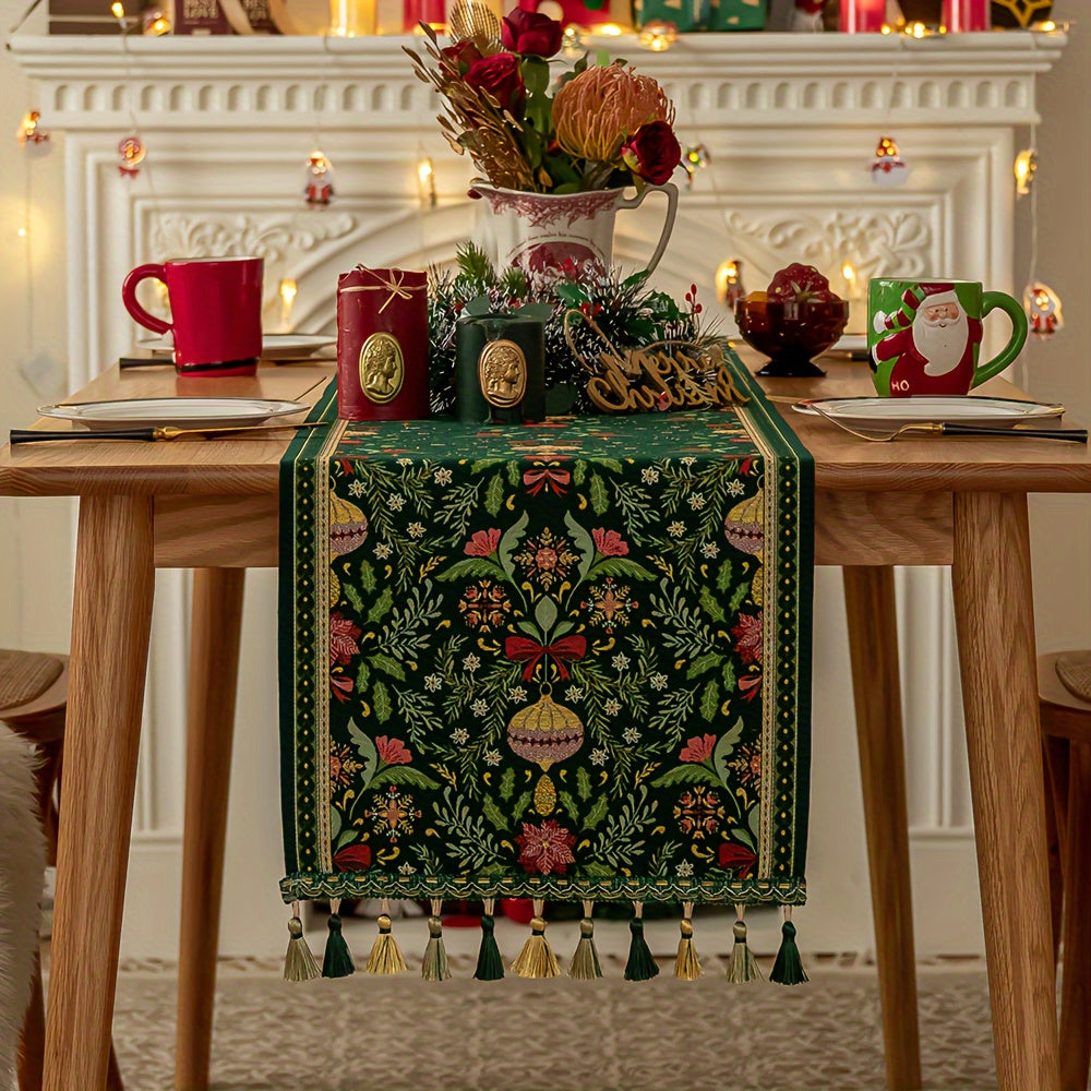 Rectangular Woven Polyester Blend Christmas Table Runner with Tassels - Festive Plant and Flower Pattern, Holiday Party Dining Decor