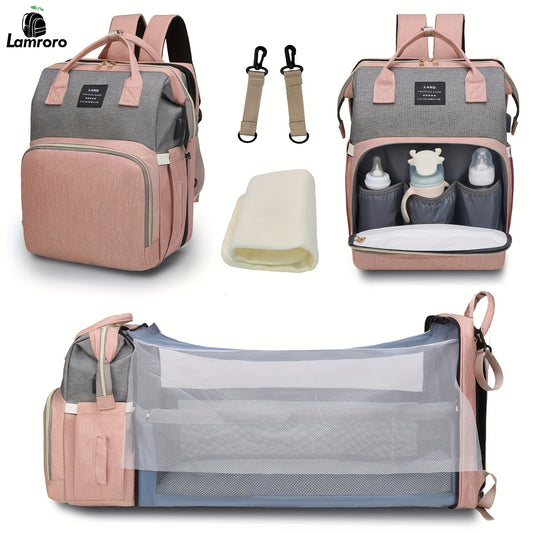 Lamroro Moire Diaper Bag Backpack, Soft Shell, Multifunctional, Large Capacity, Travel Backpack with Changing Station, Sunshade, Breathable Mosquito Net, Zipper Closure, Mixed Color, Polyester Fiber, with Utility Pocket, for