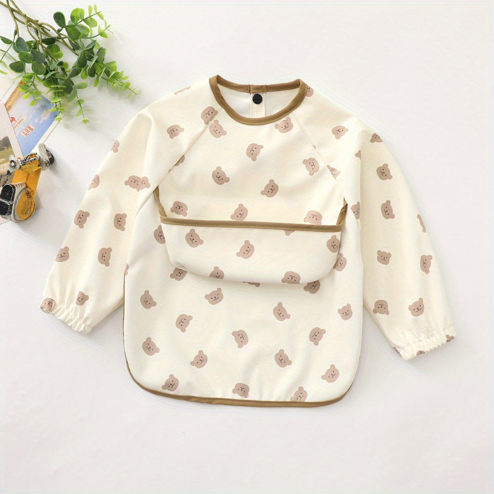 Unisex Baby Long Sleeve Bib with Crumb Catcher, Polyester Fiber, Snap Closure, Kids Eating Apron with Pocket, White/Beige/Mixed Colors