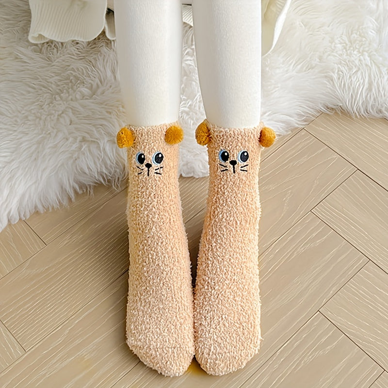 1 Pair Women'S Cute Non-Shedding Coral Fleece Warm Socks | Autumn-Winter Collection, Solid Color, Fabric