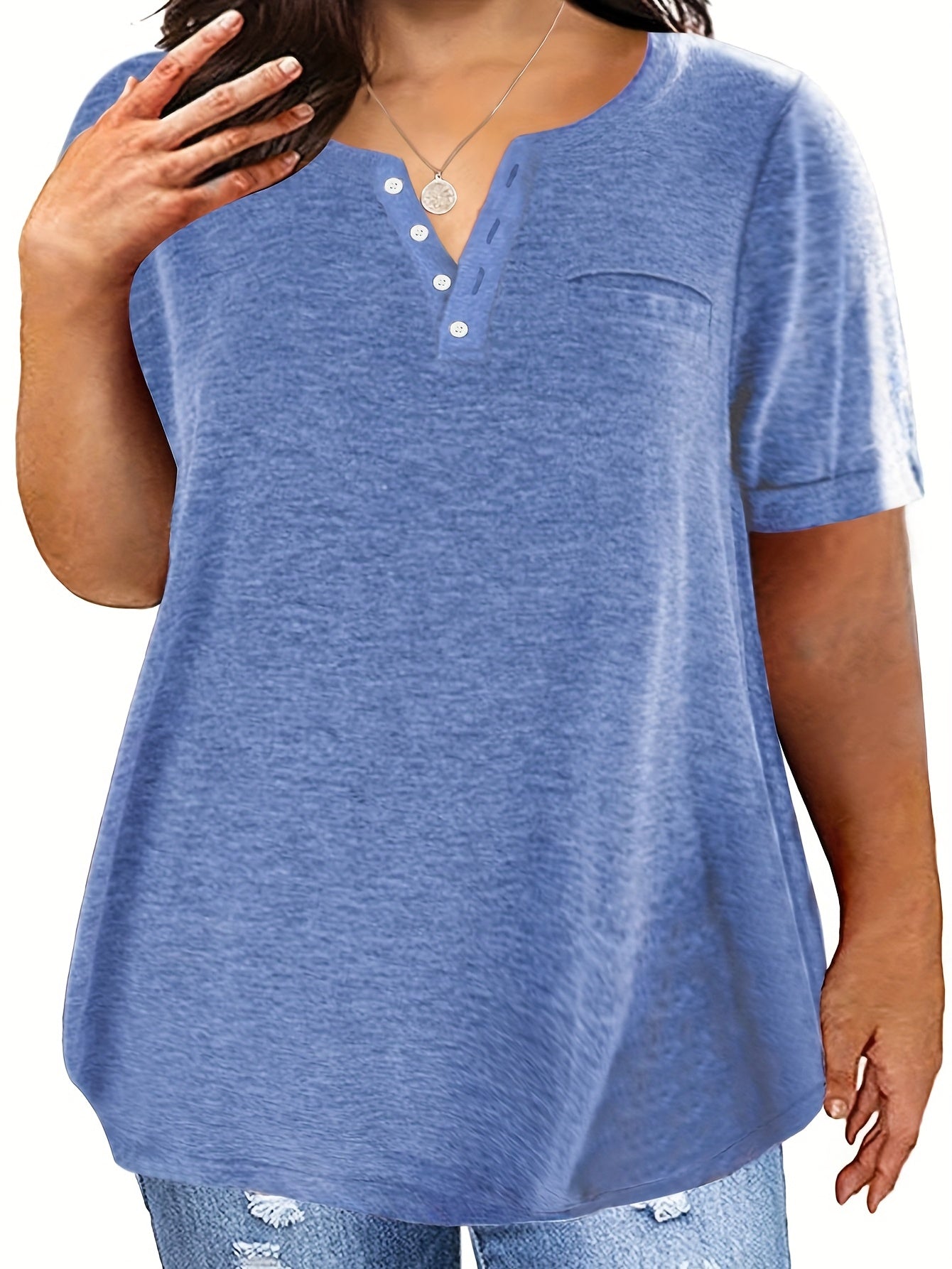 Plus Size Button Front Short Sleeve T-shirt, Women's Plus Slight Stretch Casual Tee