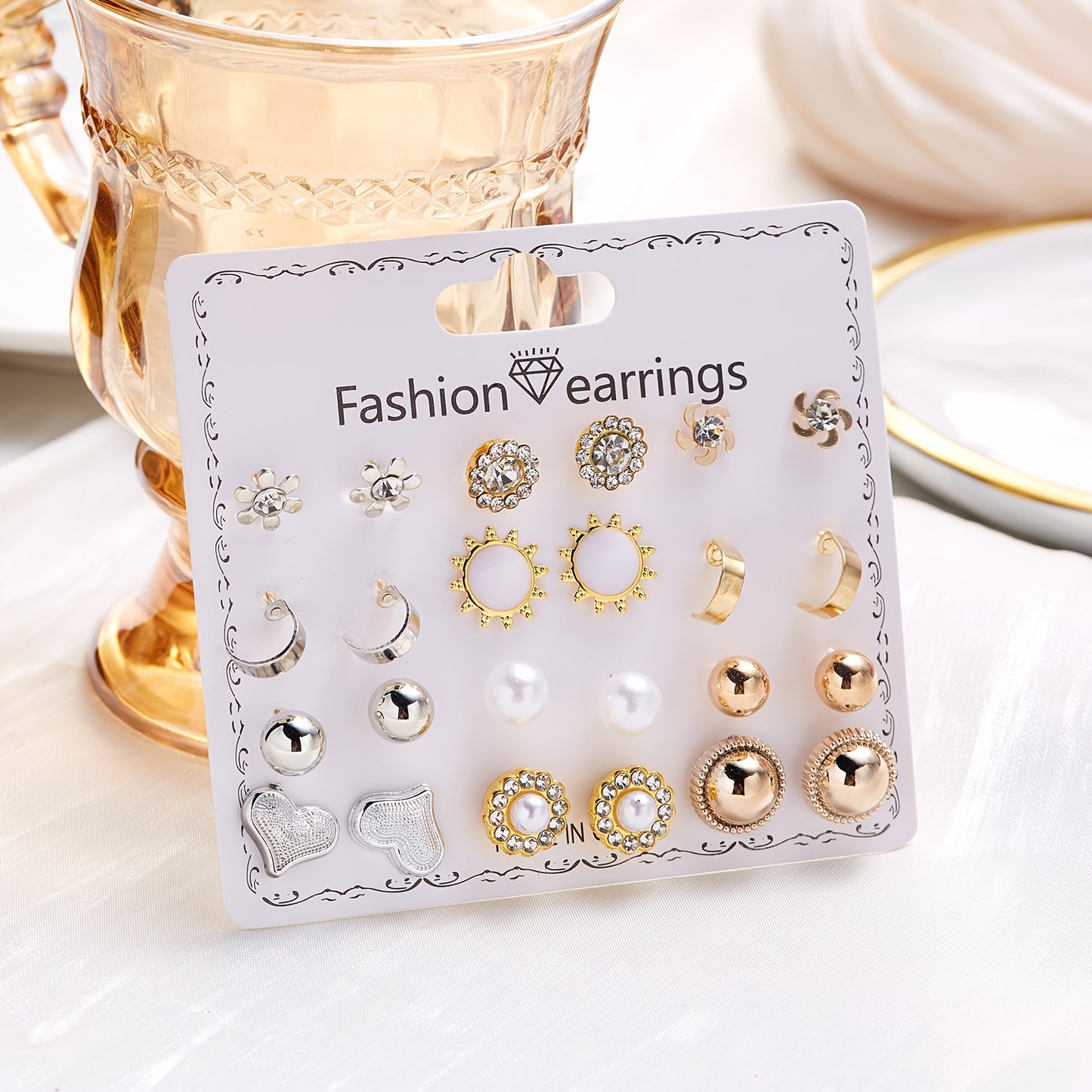 12Pairs/Set Flower Faux Pearl Heart Strawberry Stud Earrings Set, Simple Golden Earrings For Girls, Daily Week Earrings Set, Ideal choice for Gifts