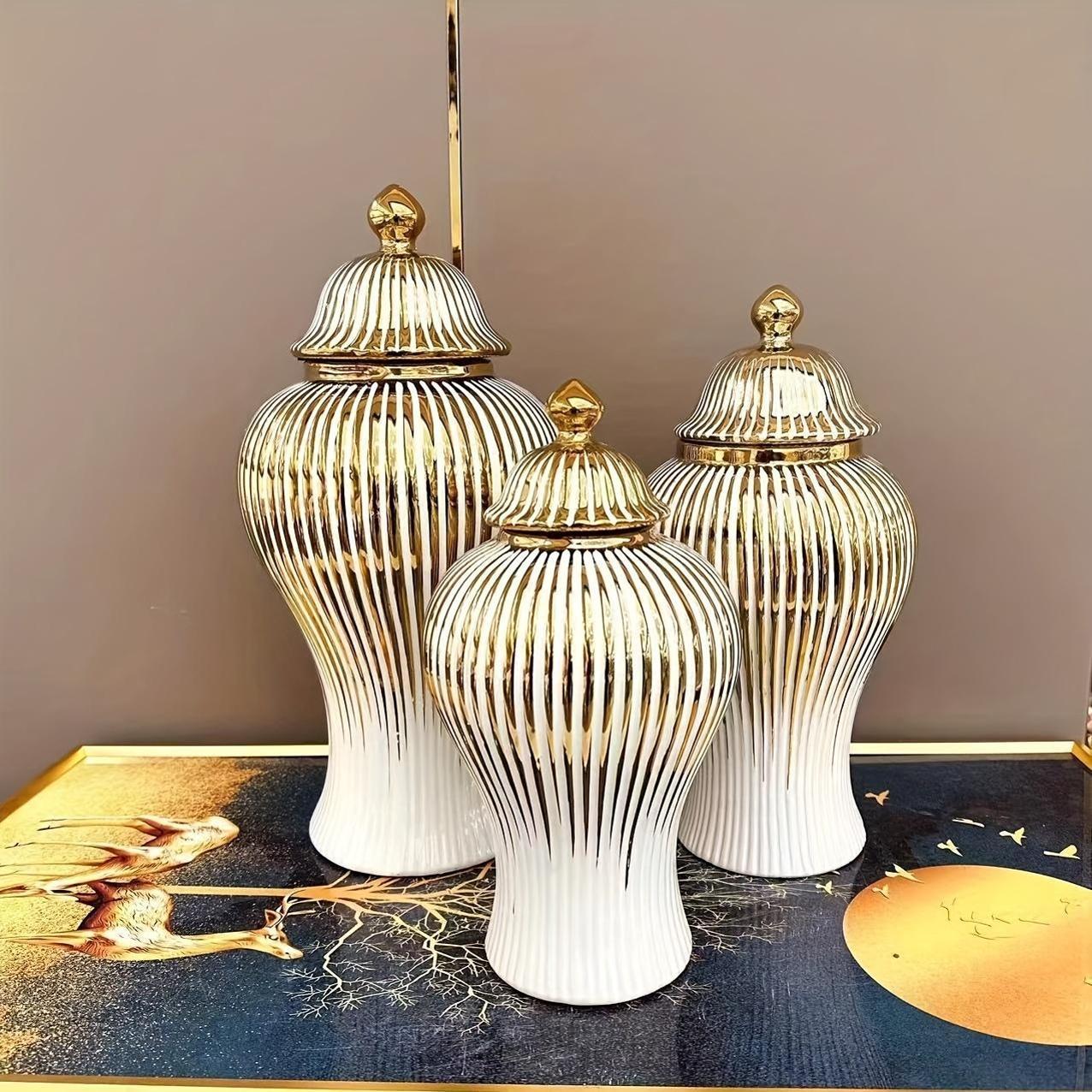 Elegant Ceramic Vase with Gold-Plated Trim - Striped Design for Home Decor, Perfect for Living Room & Entryway