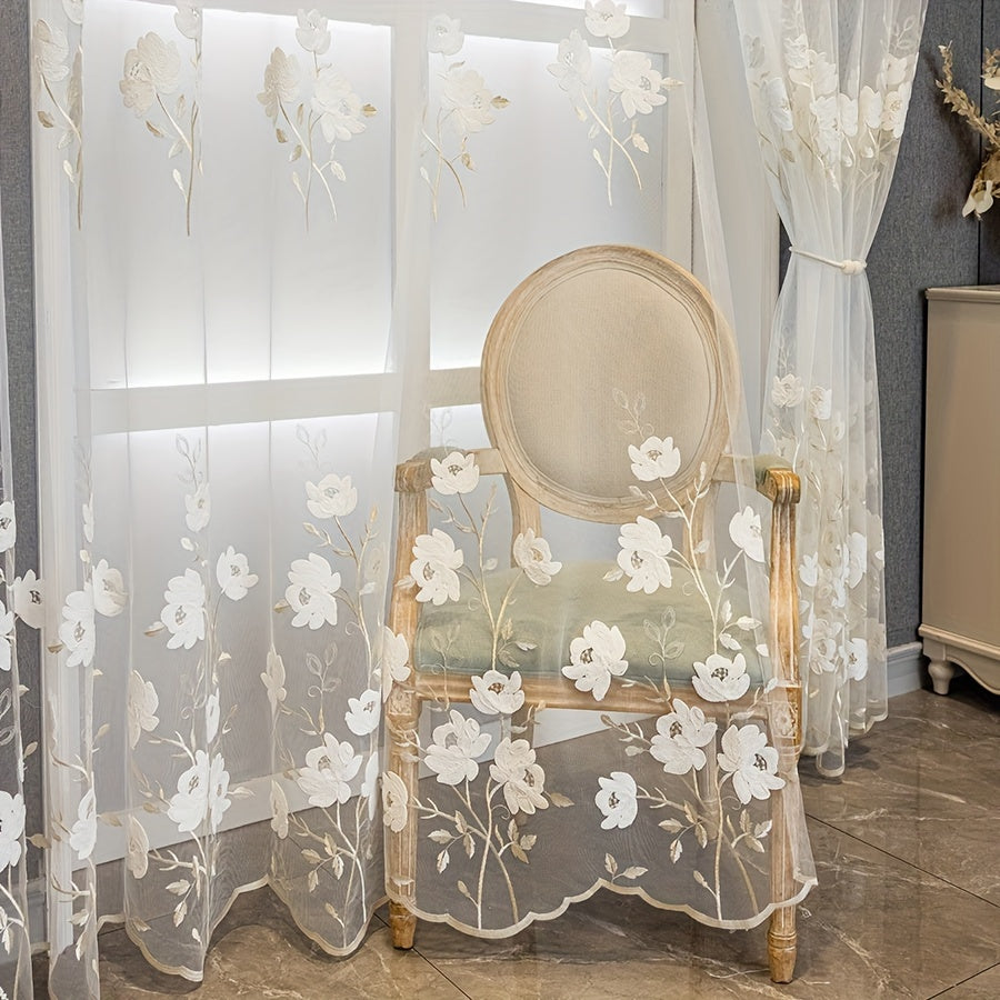 2pcs of Countryside Embroidered Flower Pattern, Uv-Resistant Transparent Curtains, Suitable for Home Decoration in Living Rooms, Bedrooms, Dining Rooms, Offices, Balconies, Etc.