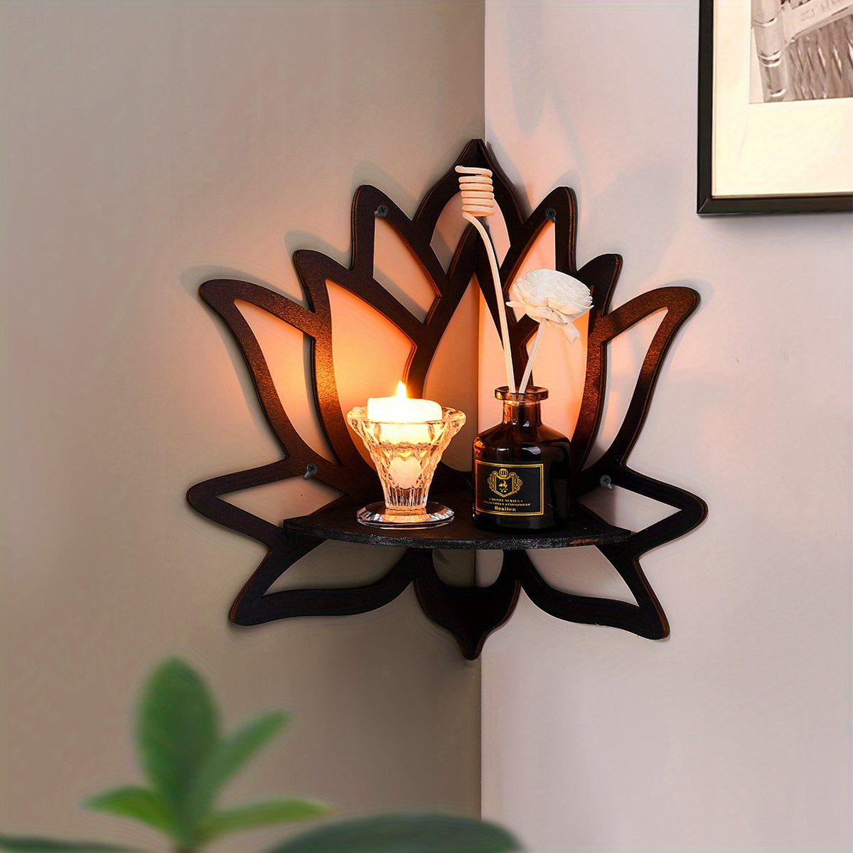 2pcs Black Lotus-Shaped Shelves, Wooden Material Lotus Wall Decoration Hangings, Flower Wall-Mounted Display Racks (Nails Not Included), DIY Assembled Wooden Crafts Hangings, Corner Wall-Mounted Decorations for Home, Used As