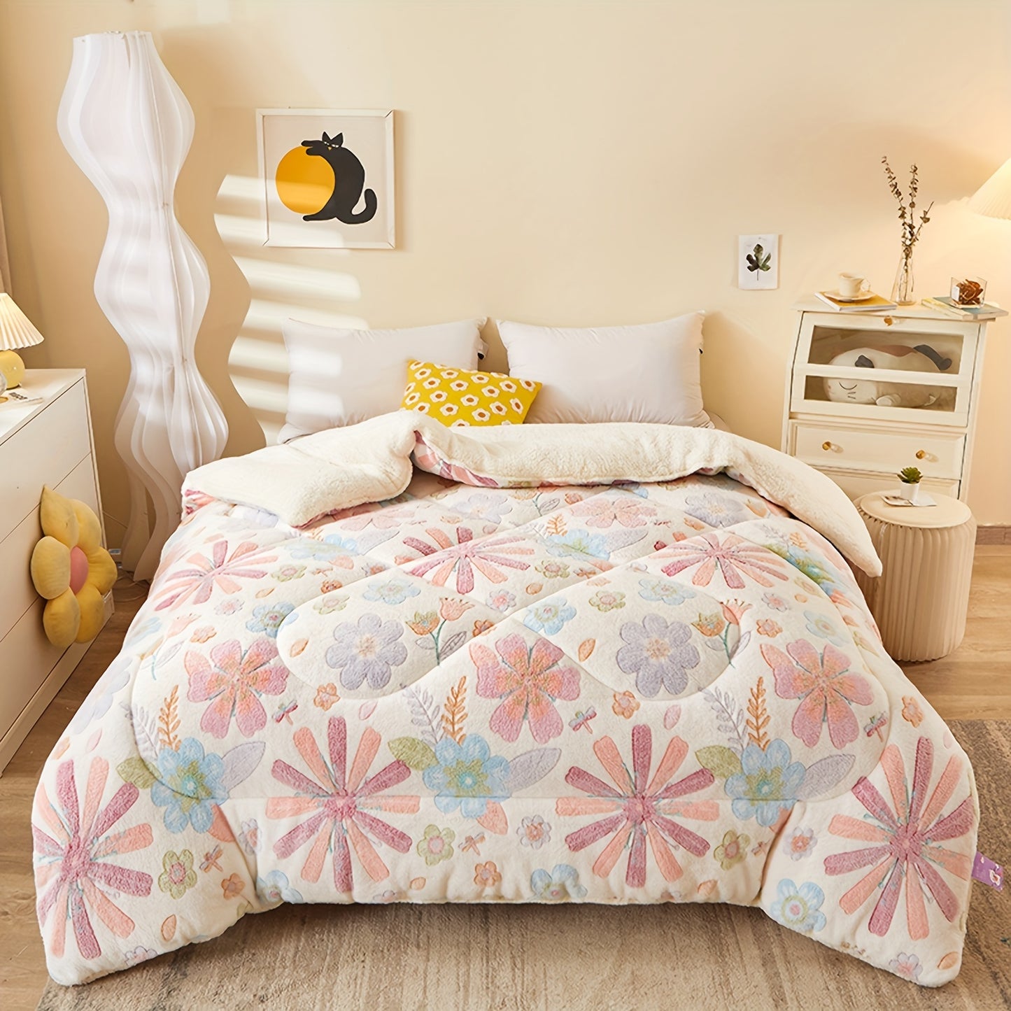 1pc Soft Warm Flower Fleece Printed Winter Polyester Comforter, Autumn And Winter Bedding Suitable For Bedroom, Guest Room
