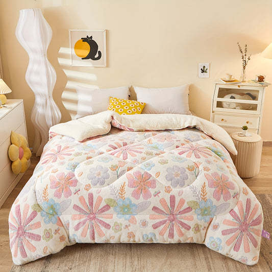 1pc Soft Warm Flower Fleece Printed Winter Polyester Comforter, Autumn And Winter Bedding Suitable For Bedroom, Guest Room