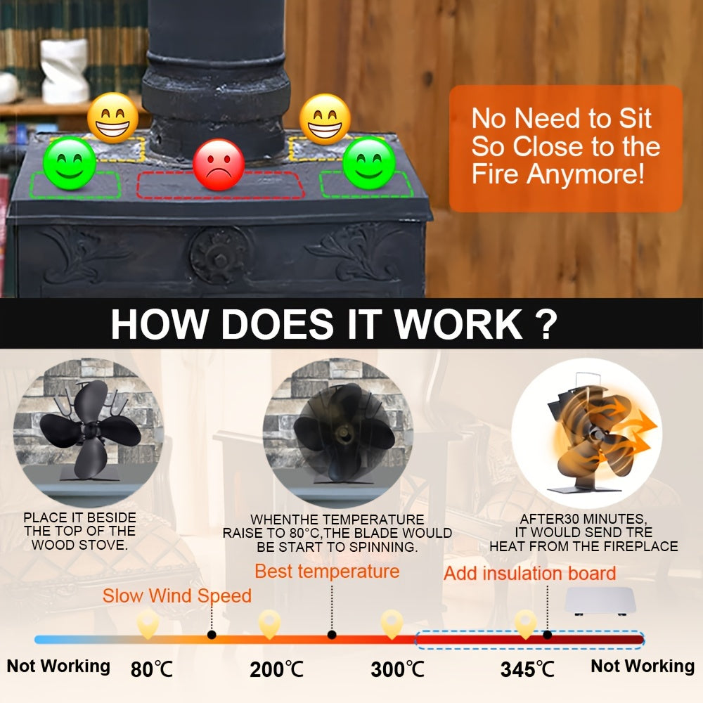 1pc heat powered stove fan, Energy-Efficient 4-Blade Fireplace Fan for Home Comfort and Energy Savings