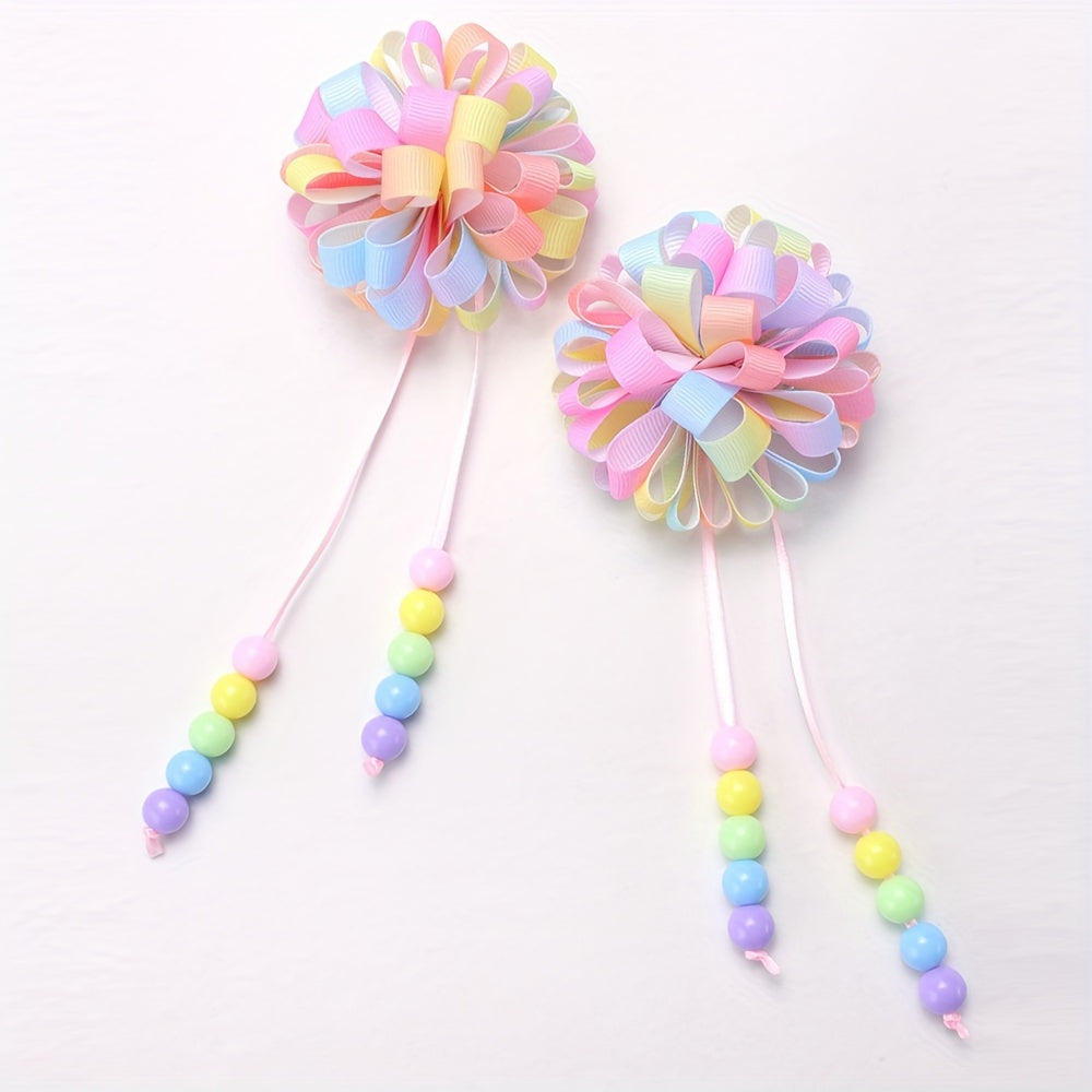 2pcs Adorable Rainbow Hydrangea Floral Hair Clips for Little Girls - Vibrant Grosgrain Ribbon with Tassels, Perfect for Birthday Parties & Celebrations, Flower Girl Hair Accessories