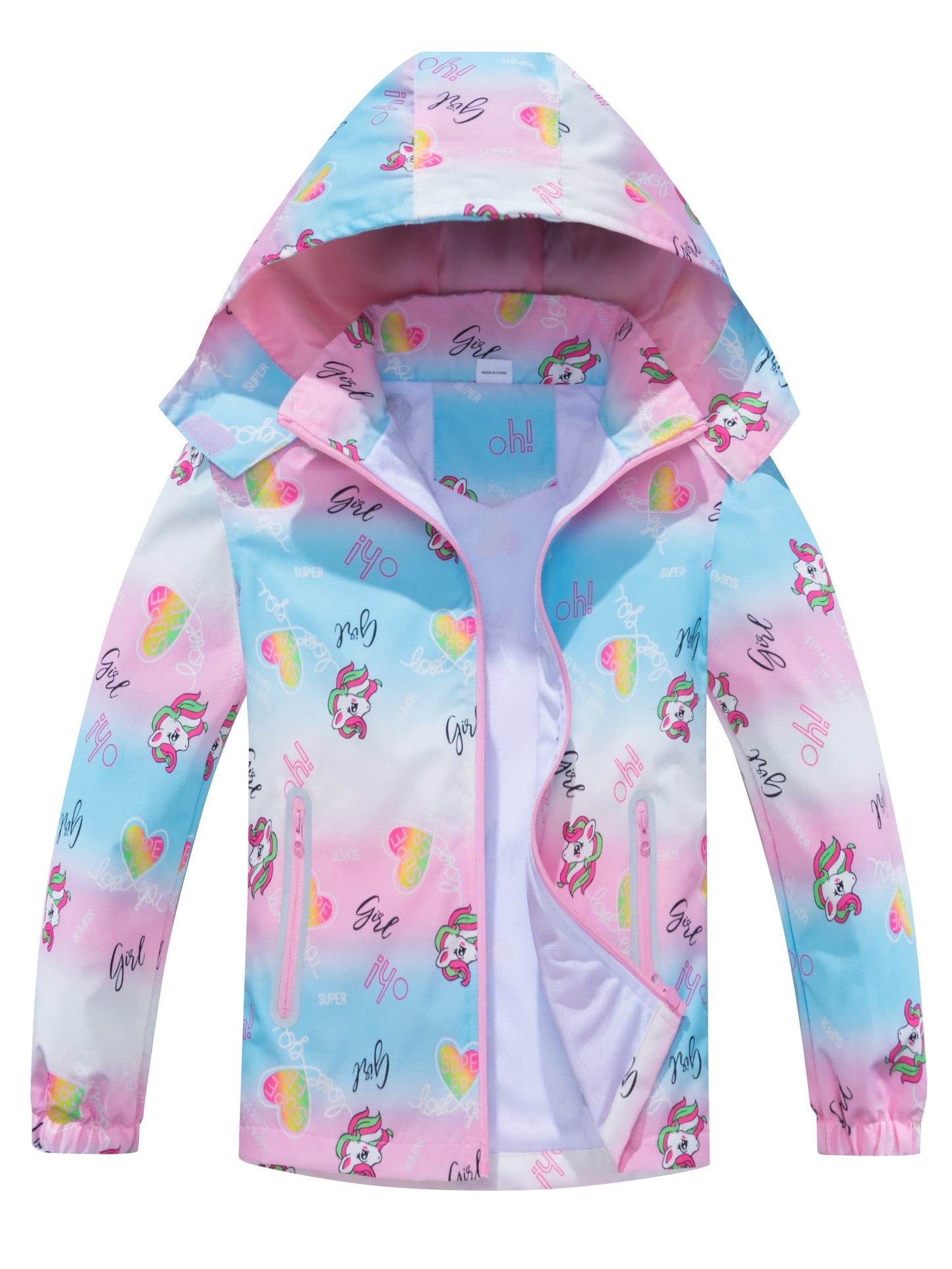 Girls' Unicorn Jacket - Lightweight Windproof Hooded Outerwear with Removable Hood, Pastel Rainbow & Clouds Design, Zip-Up Front, Long Sleeves, and Pockets for Spring/Fall Casual Wear, Unicorn Clothes, Playful Kids Fashion, D
