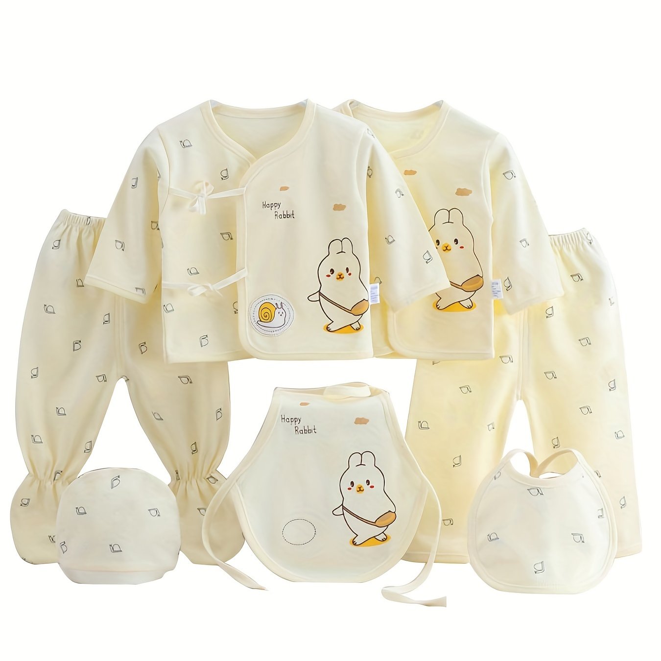 7pcs Newborn Outfits Gifts, Cute Graphic Baby Boys Girls Cotton Comfy Clothes Set - Footed Pants Cardigan Top Trousers Hat Bib Set Outdoor Clothes Outdoor Clothes