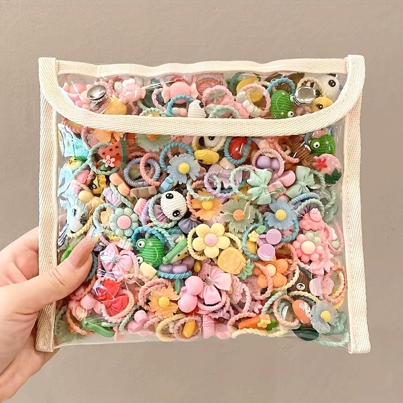 [60pcs Hair Ties] 60pcs Hair Ties, Cartoon Animals Flowers Fruits Decor Hair Bands | Baby Girls Decorative Hair Accessories Set Holiday Gift