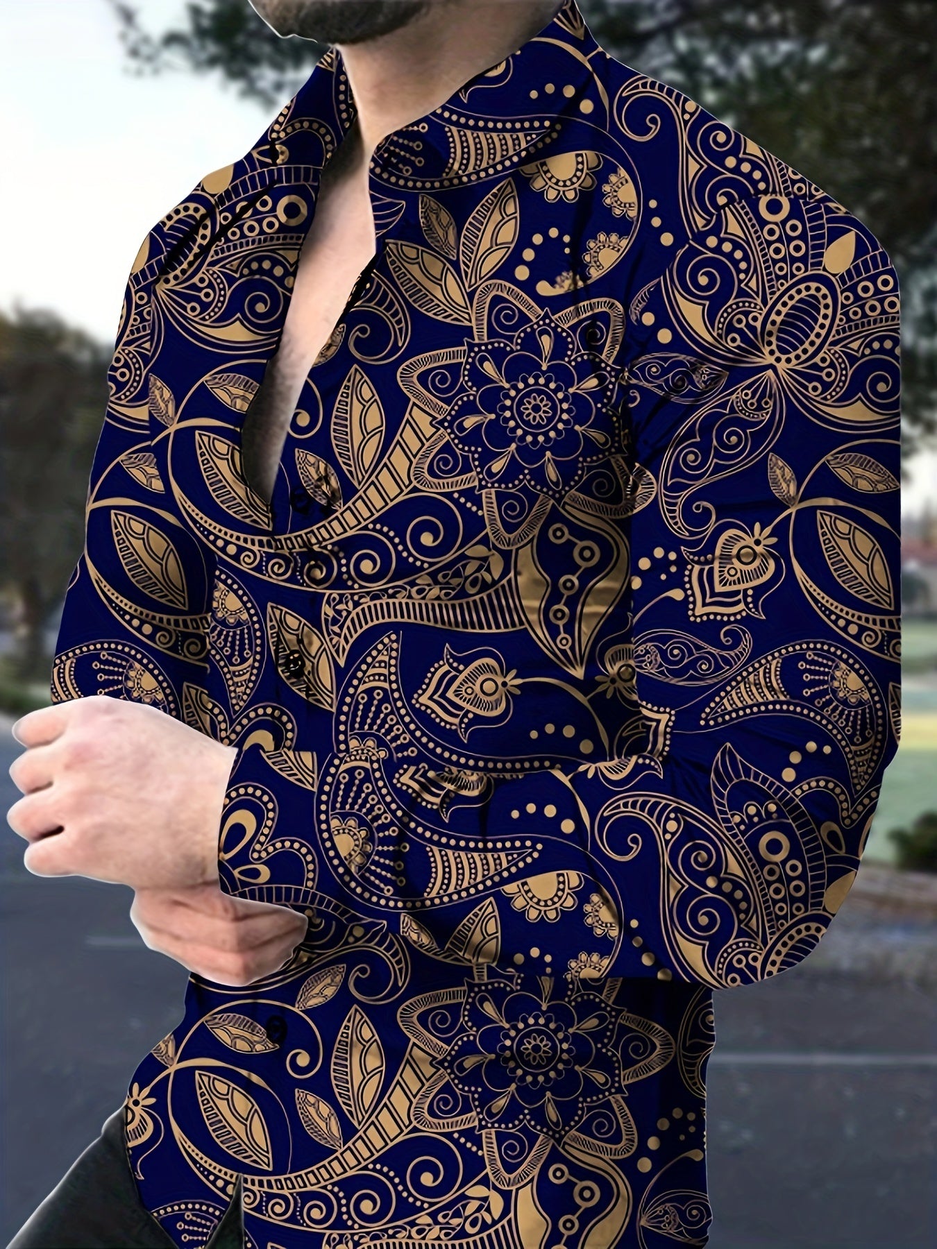 Retro Style Flower Print Men's Casual Long Sleeve Button Up Lapel Shirt, Spring Fall