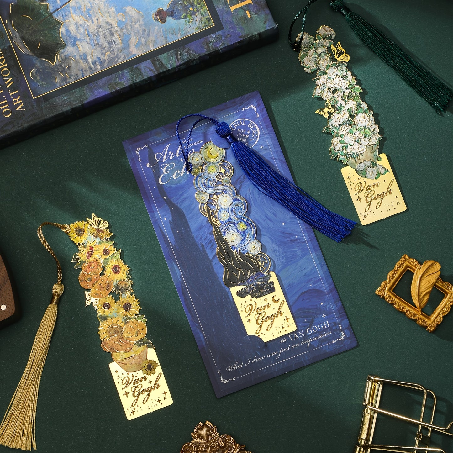 Retro Art Metal Bookmark - 1pc Starry Sky Flower with Tassels Painting Hollow Reading Mark - Multi Design for Gift Birthday Friends Club Book Lovers Readers Office Stationery Supplies